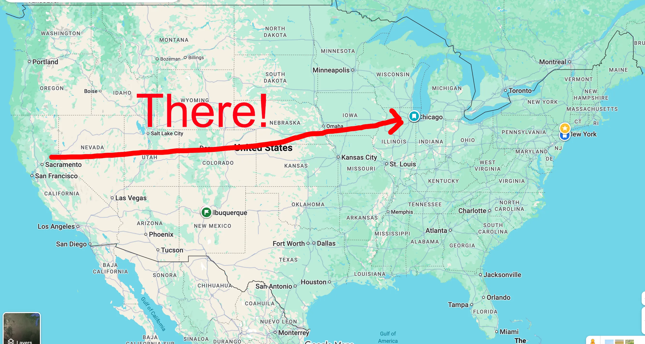 map of the continental US with arrow pointing to chicago